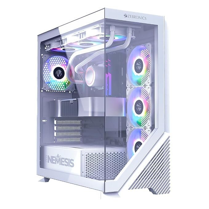 ZEBRONICS Nemesis Premium Gaming Cabinet, Mid-Tower, Supports ATX | mATX, Front + Side Tempered Glass, USB 3.0 (White)